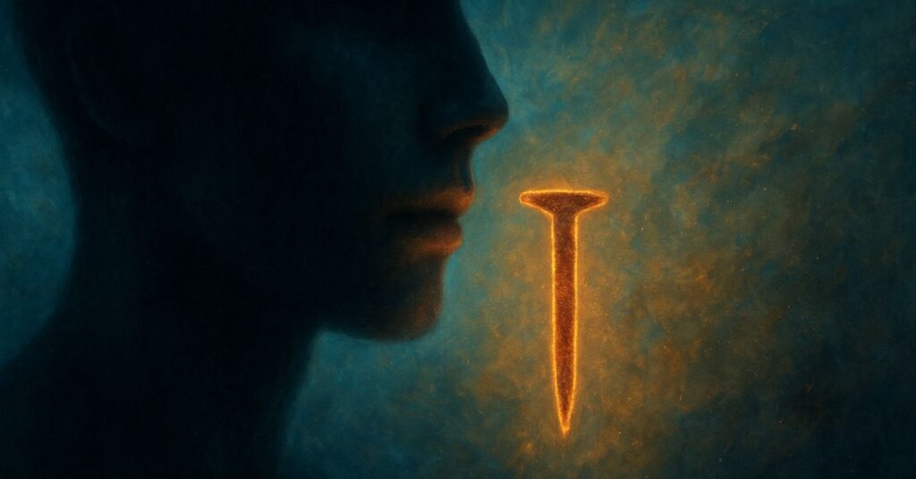 Sonhar com prego enferrujado na boca – ilustração surrealista de uma boca com um prego enferrujado, simbolizando bloqueio emocional e dificuldade de comunicação.